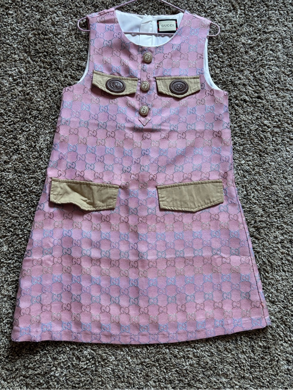 Pink GG Jacquard Sleeveless Shift Dress with Beige Pocket Flaps